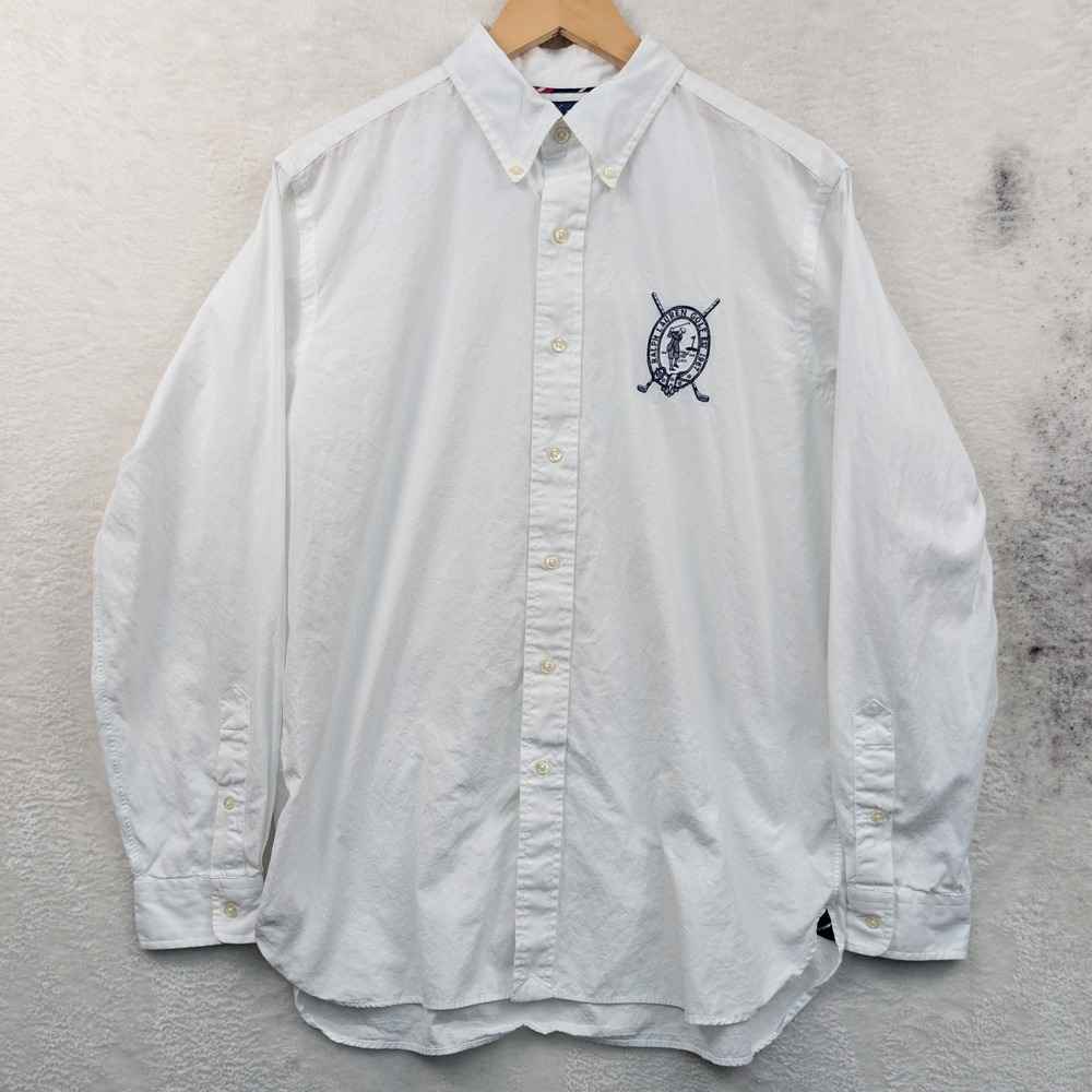 Ralph Lauren Button Down Shirt Mens XL White Golf Crest Oxford Preppy Minimalist